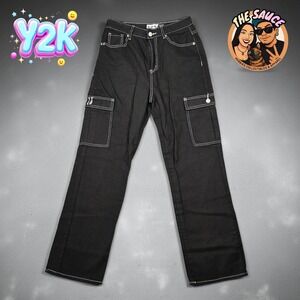 Cargo Pants Womens 5/27 Black Contrast Stitch Y2K Straight Leg Denim Alt Goth